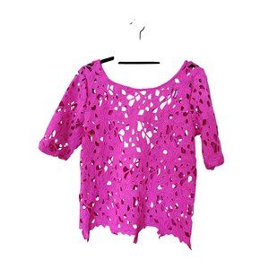 Crochet Knit Hot Pink Top By Angela Fashion Size L Openwork Design Short Sleeves